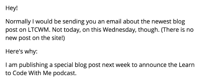 email she shared to announce her first podcast