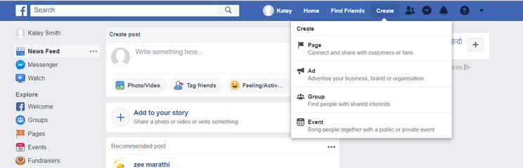 Facebook Create Button