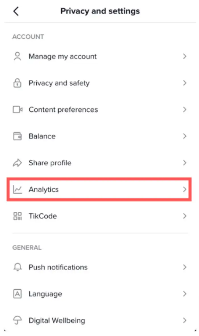 TikTok settings menu